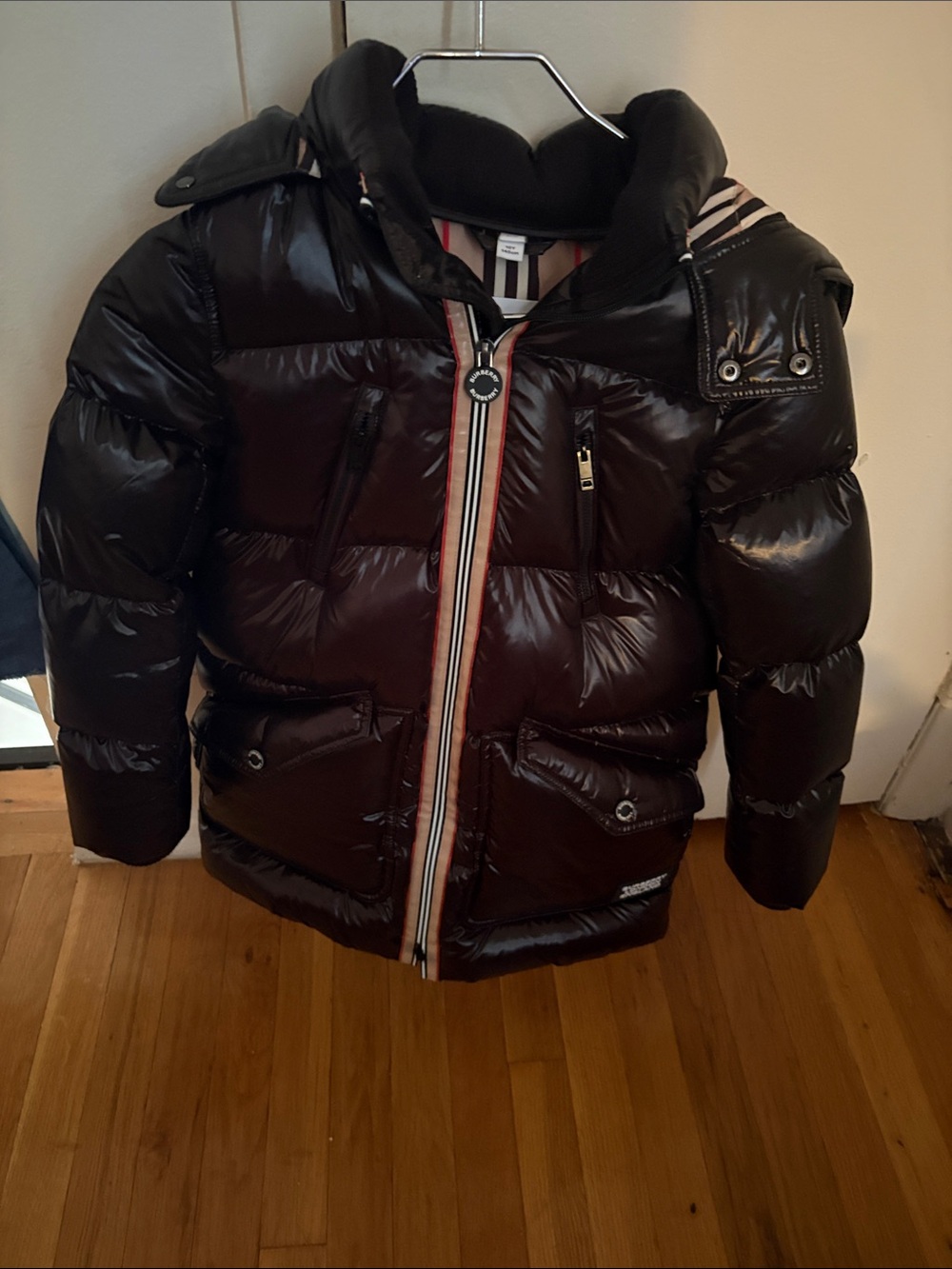 Burberry Black Kids Puffer Jacket with Stripe Trim